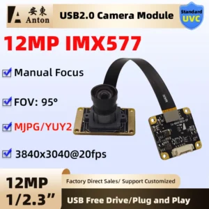 12MP IMX577 1/2.3" CMOS USB2.0 HD Camera Module FOV D95° Color Image 120fps 1.25p-5Pin FPC Cable Manual Focus Webcam MJPG YUY