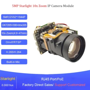 5MP IMX335 cmos IP Camera Module PoE 10x Zoom PTZ Starlight H.265 Security Camera Built-in Mic RJ45 Port Onvif, RTSP 2592*1944
